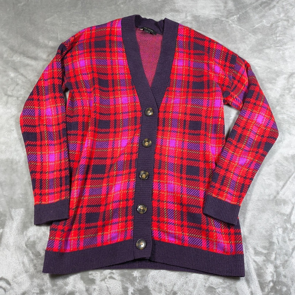 Ann Taylor Cardigan Womens Medium Red Pink Plaid Button Preppy Sweater Knit